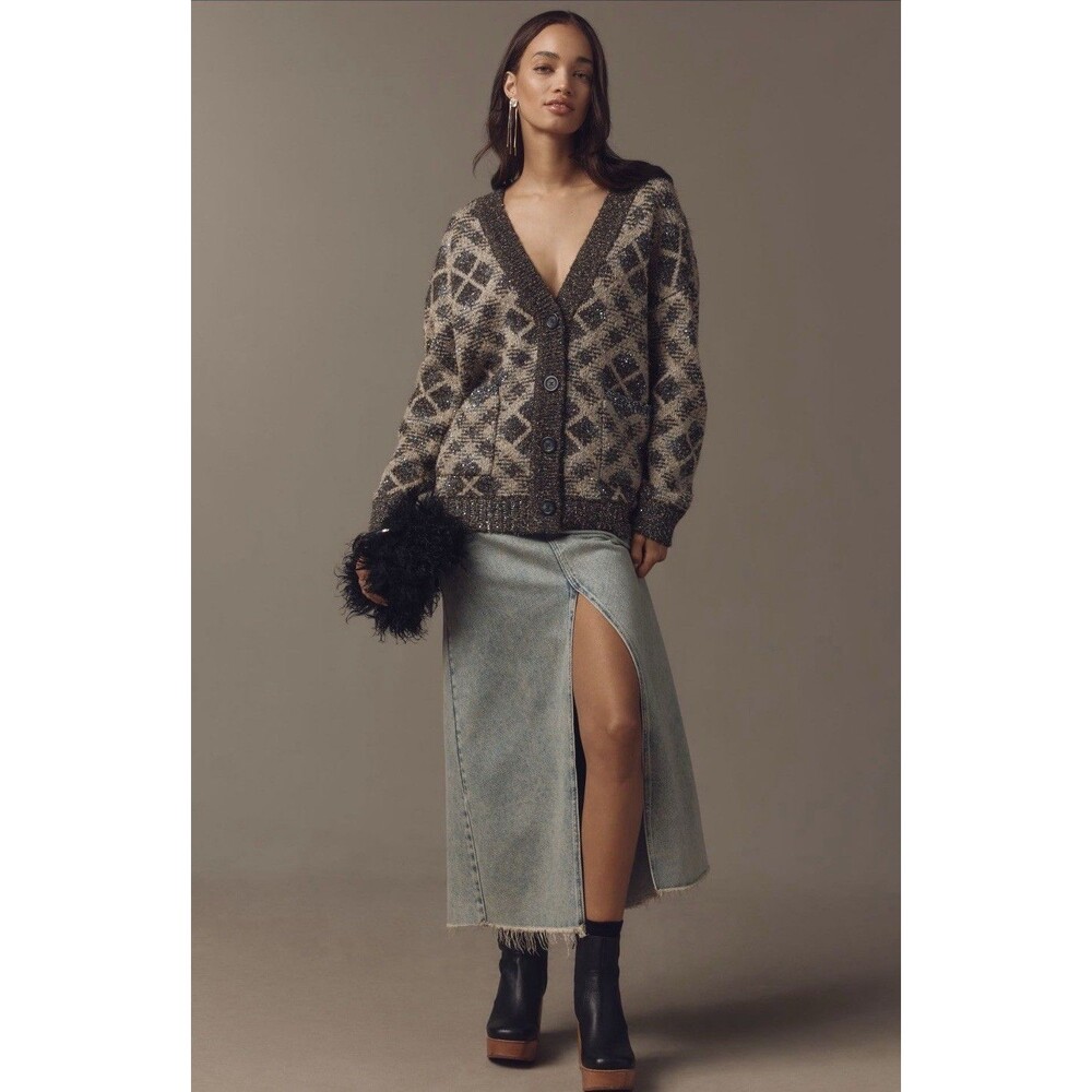 Anthropologie Maeve Cardigan Sweater Gray Sparkle V Neck Preppy Medium P NWT